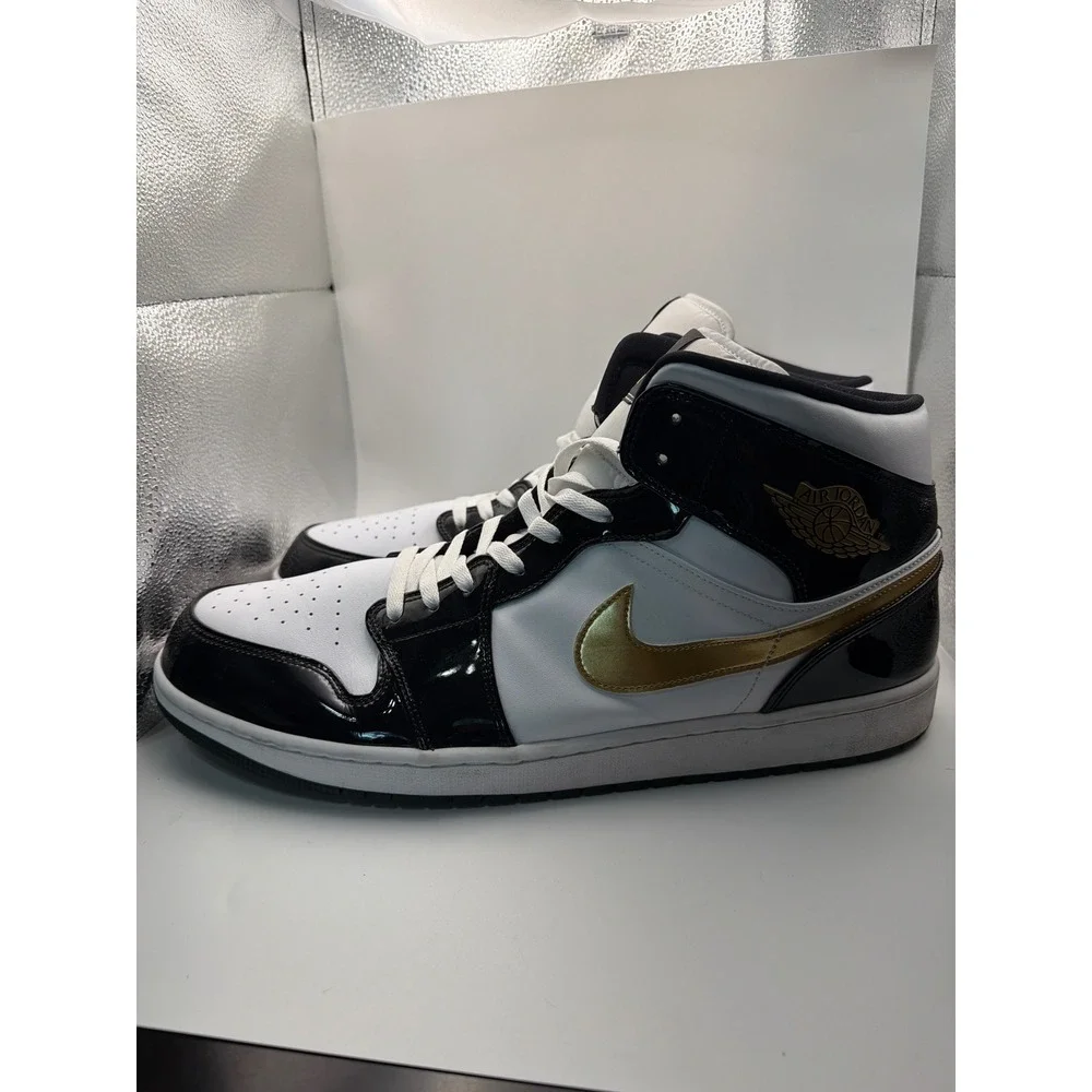 Jordan 1 Mid White Black Metallic Gold Patent Leather Sneakers SIZE 18